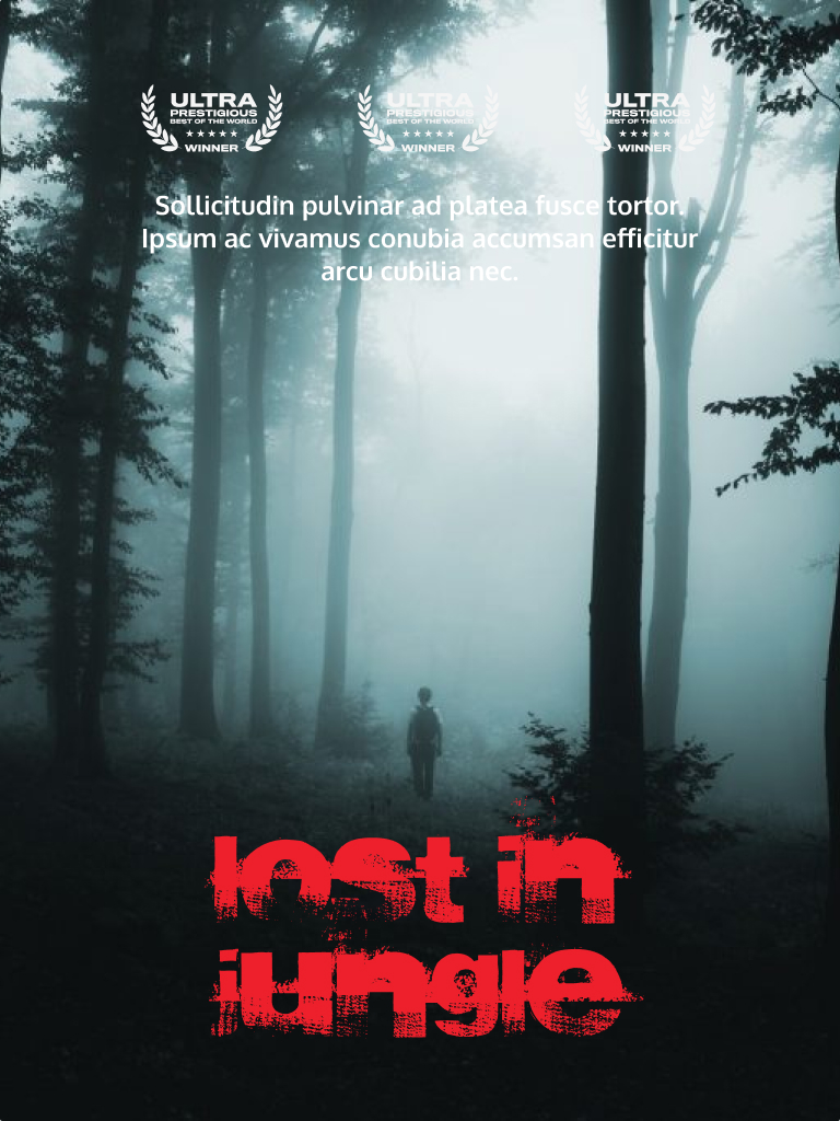 A foggy forest with a solitary figure and eerie red text.