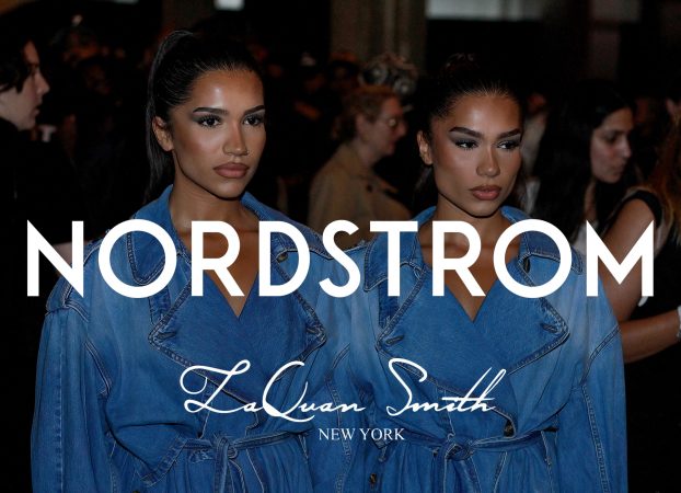 Two models in denim outfits at a Nordstrom LaQuan Smith event.